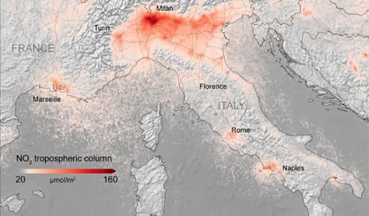 Map showing much smaller hotspots across Milan and northern Italy, Rome and Naples.