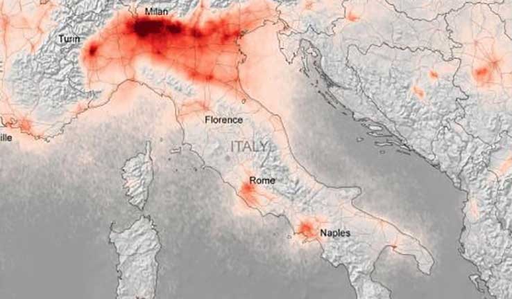 Map showing red hotspots across Milan and northern Italy, Rome and Naples.