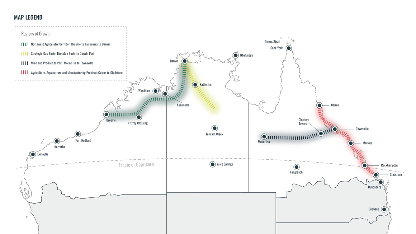 High level map of northern Australia shows 4 regions. 1) Northwest agriculture corridor - Broome to Kununnura to Darwin; 2) strategic gas basin - Beetaloo to Darwin Port; 3) mine and produce to port - Mount Isa to Townsville; 4) agriculture, aquaculture and manufacturing precinct - Cairns to Gladstone.