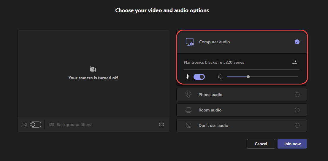 Screen capture of how to enable your audio during a Microsoft Teams meeting.
