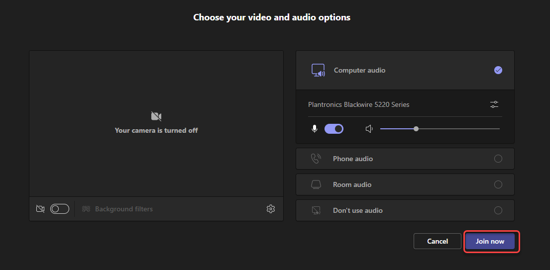 Screen capture of how to select the join now button to enter a Microsoft Teams meeting.
