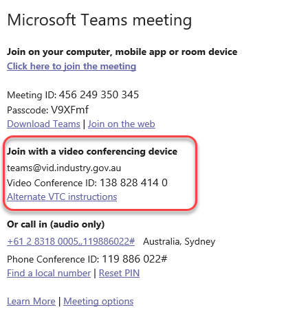 Screen capture of how to join a Microsoft Teams meeting with a video conferencing device.