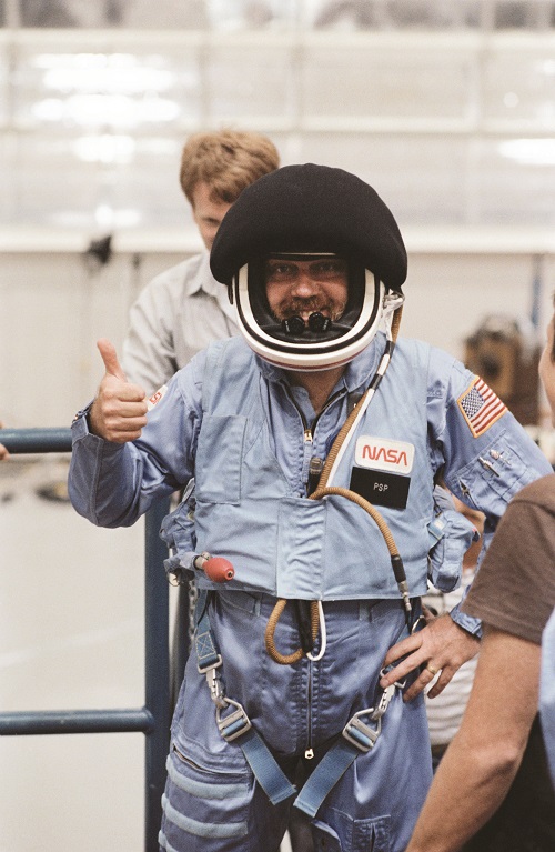 The picture shows Scully-Power during pre-launch preparations for his flight.