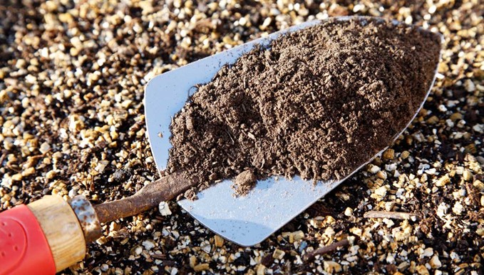 Hand trowel being used to collect soil samples from the ground. 