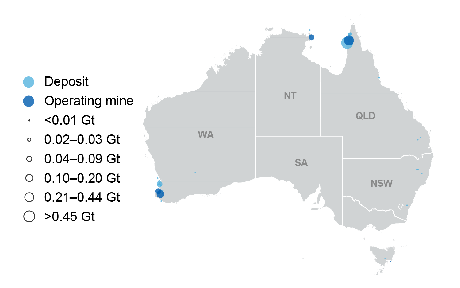 Map of Australia showing the locations of bauxite deposits and mines