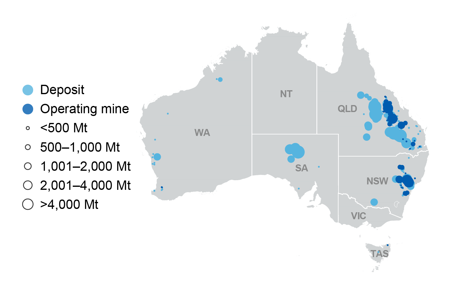 Map of major Australian coal deposits and mines. Most coal deposits are in Queensland and most operating mines are in New South Wales. 