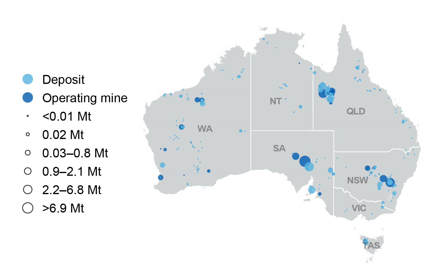 Map of Australia showing copper deposits are located in all states