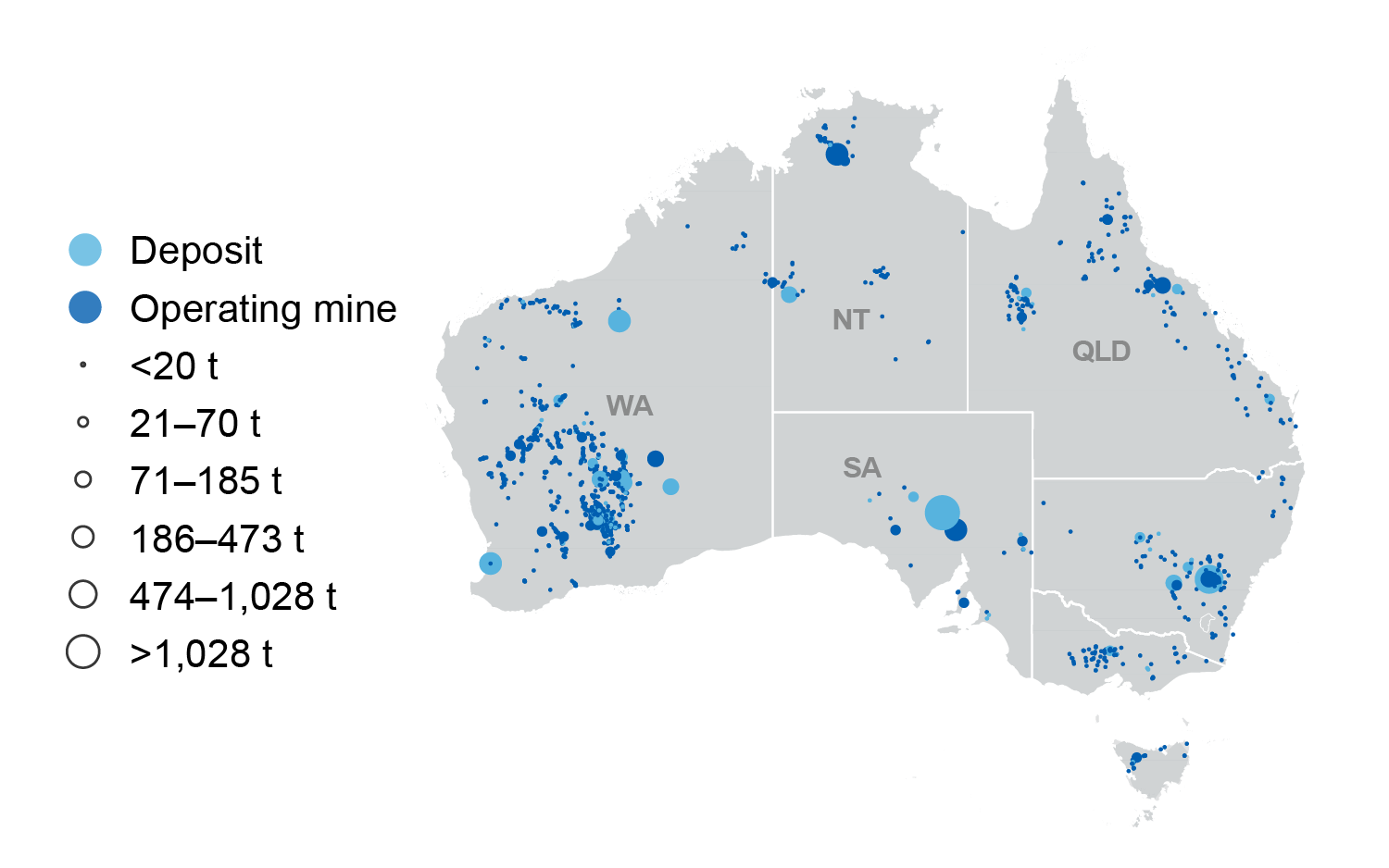 Map of Australia showing that most major gold deposits are in Western Australia
