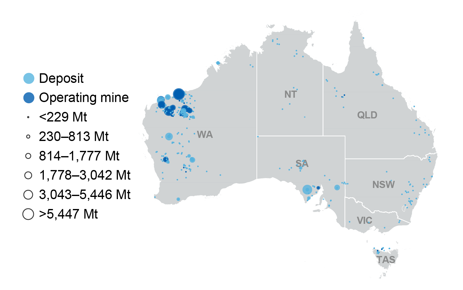 Map of Australia showing that most iron ore deposits and operating mines are located in Western Australia