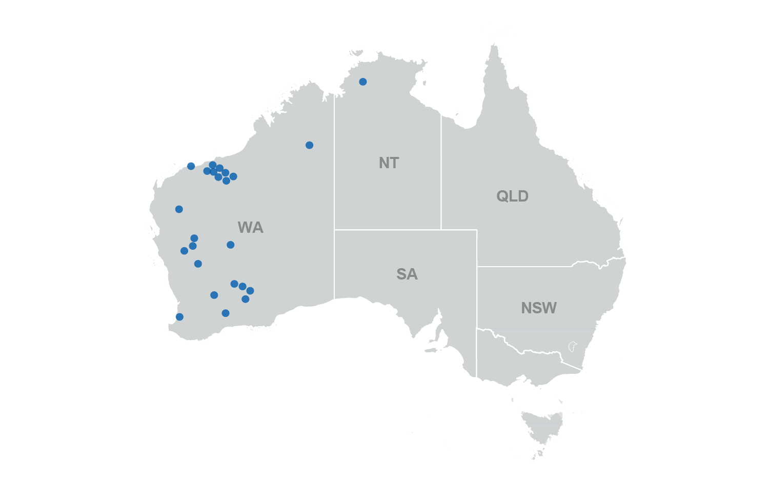 Map of Australia showing that almost all lithium deposits are located in Western Australia