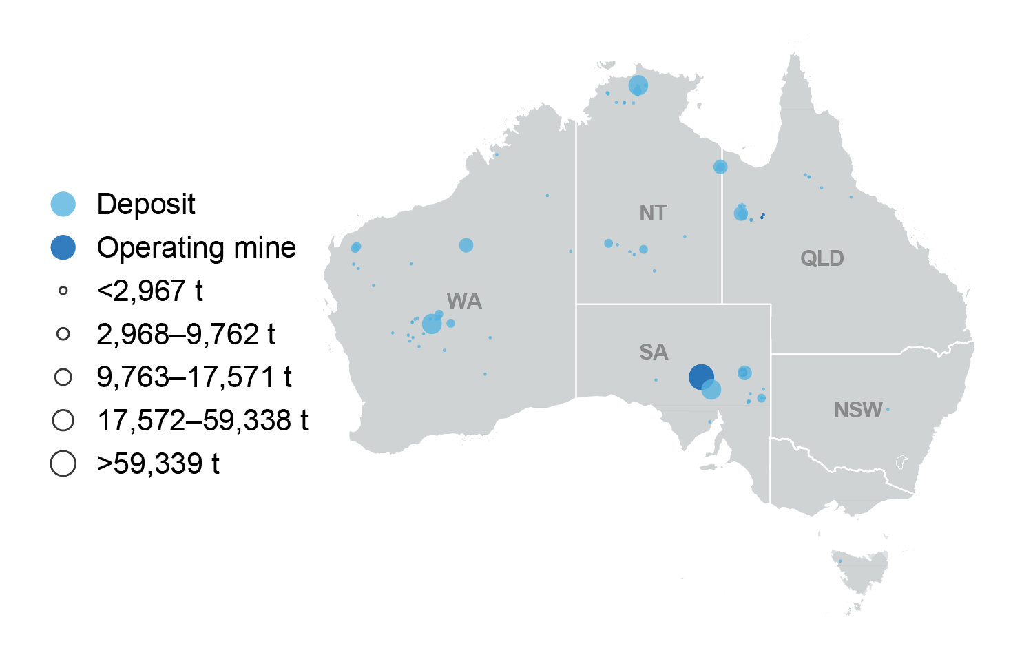 Map of Australia showing uranium deposits and operating mines