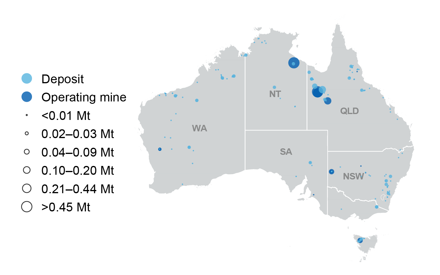 Map of Australia showing zinc deposits in all states. The largest operating mines are in Queensland and the Northern Territory