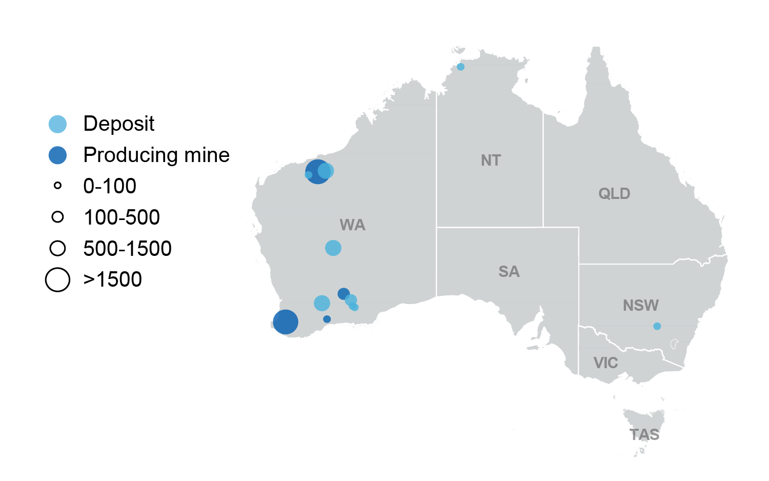 Map of Australia showing that all producing lithium mines and almost all deposits are located in Western Australia