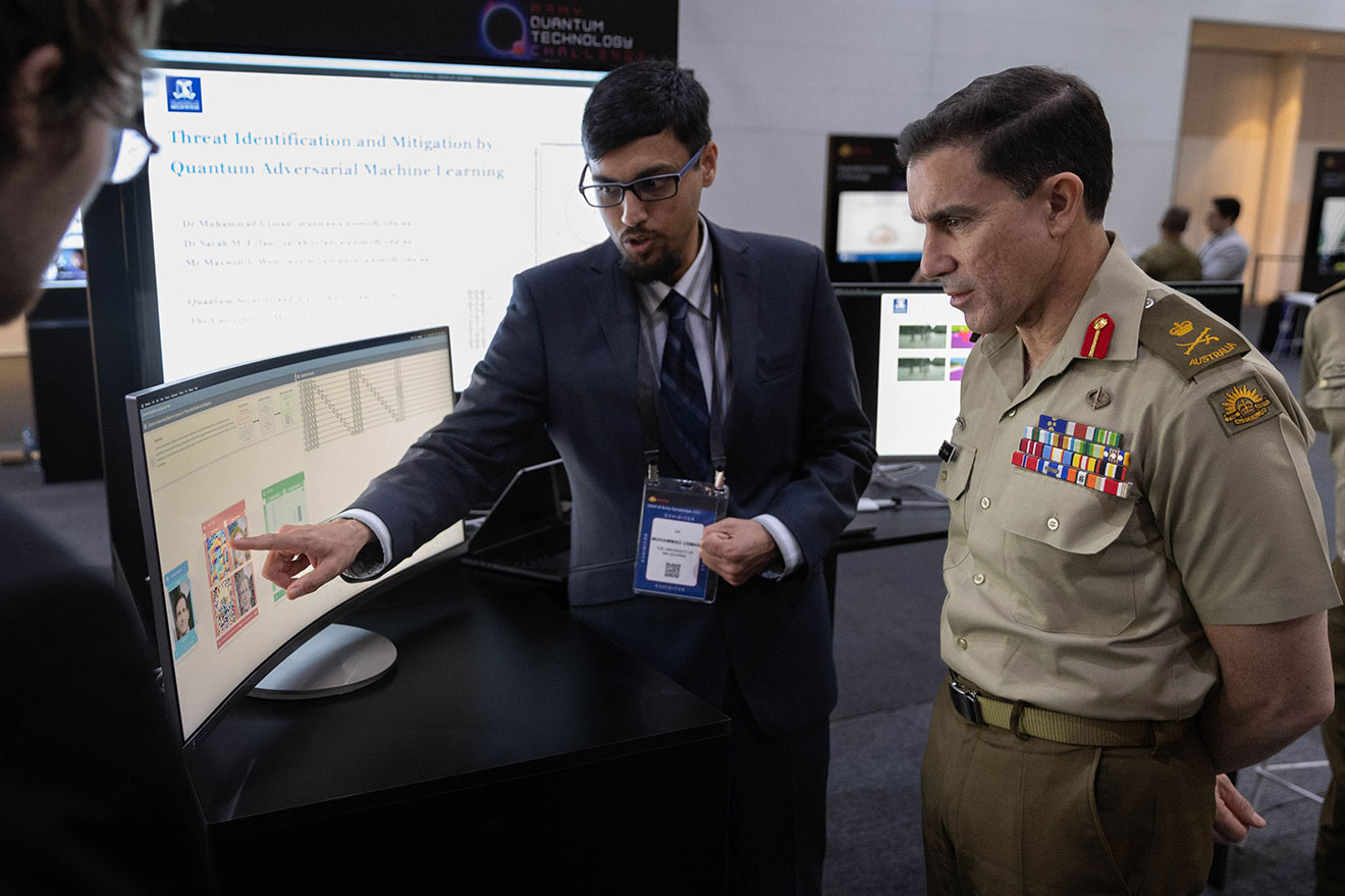 Chief of the Army, Lieutenant General Simon Stuart AO DSC, views trade displays at the Army Quantum Technology Challenge. Photo: Australian Army