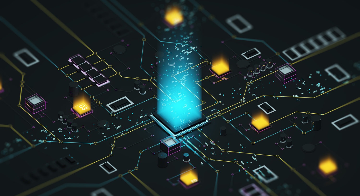 A glowing microprocessor on a circuit board