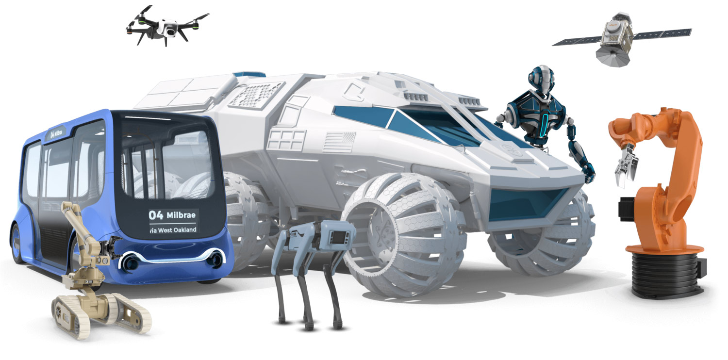 Robots, a drone and an armoured vehicle