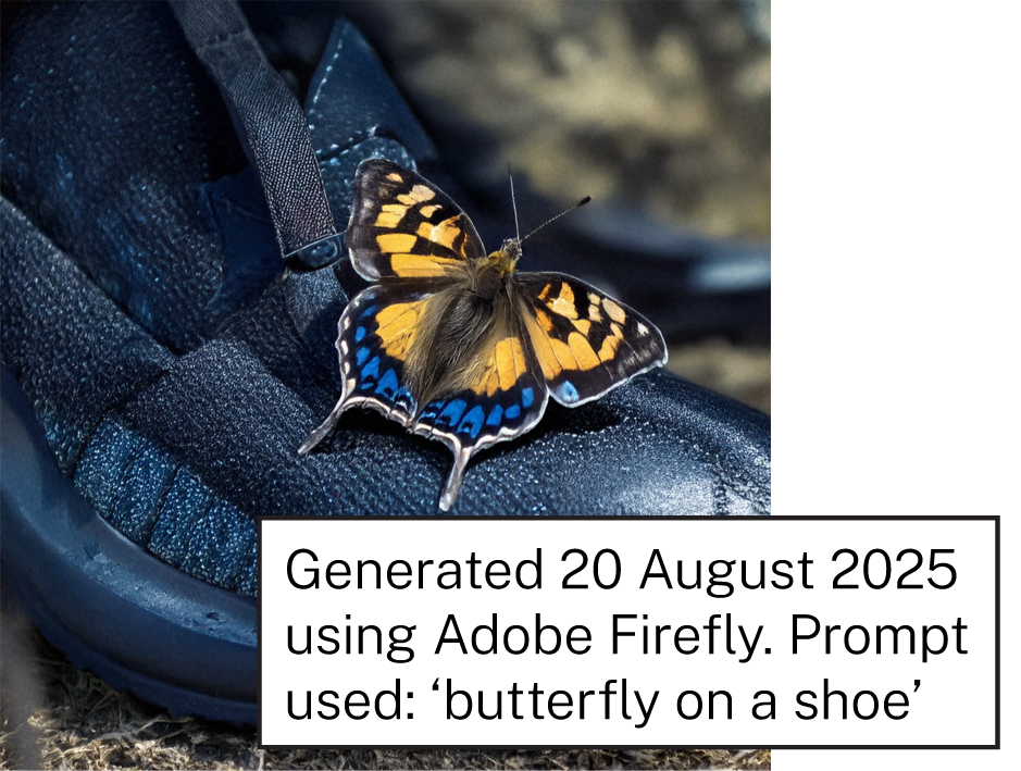 An AI-generated image of a butterfly on a shoe, with the label 'Generated 20 August 2025 using Adobe Firefly. Prompt used: "butterfly on a shoe".