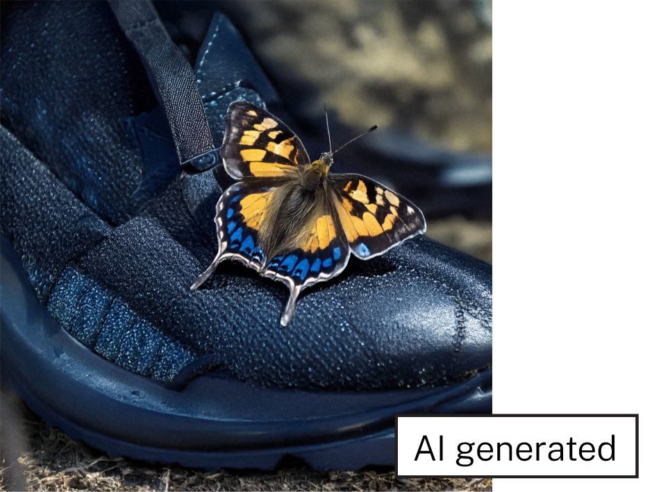 An AI-generated image of a butterfly on a shoe, with the label 'AI generated'.