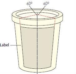 A cylindrical container with a label correctly positioned within a 60 degree arc either side of the line drawn vertically through the centre of the main display panel