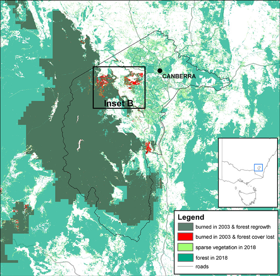 Map A is of the Australian Capital Territory and shows the areas of forest burned in the 2003 Canberra bushfires. Areas of forest that have been identified as permanently lost since the fires are emphasised.