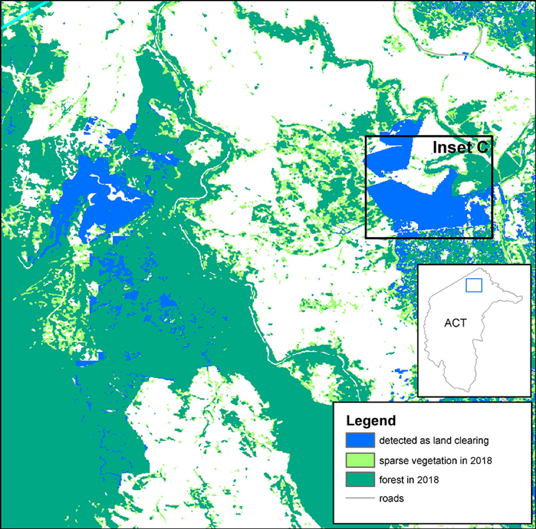 Inset B zooms in on lands to the west of southern Canberra where most of the forests lost following the fire are located. Areas of identified land clearing are shown, including the footprint of the expanded Cotter Dam.