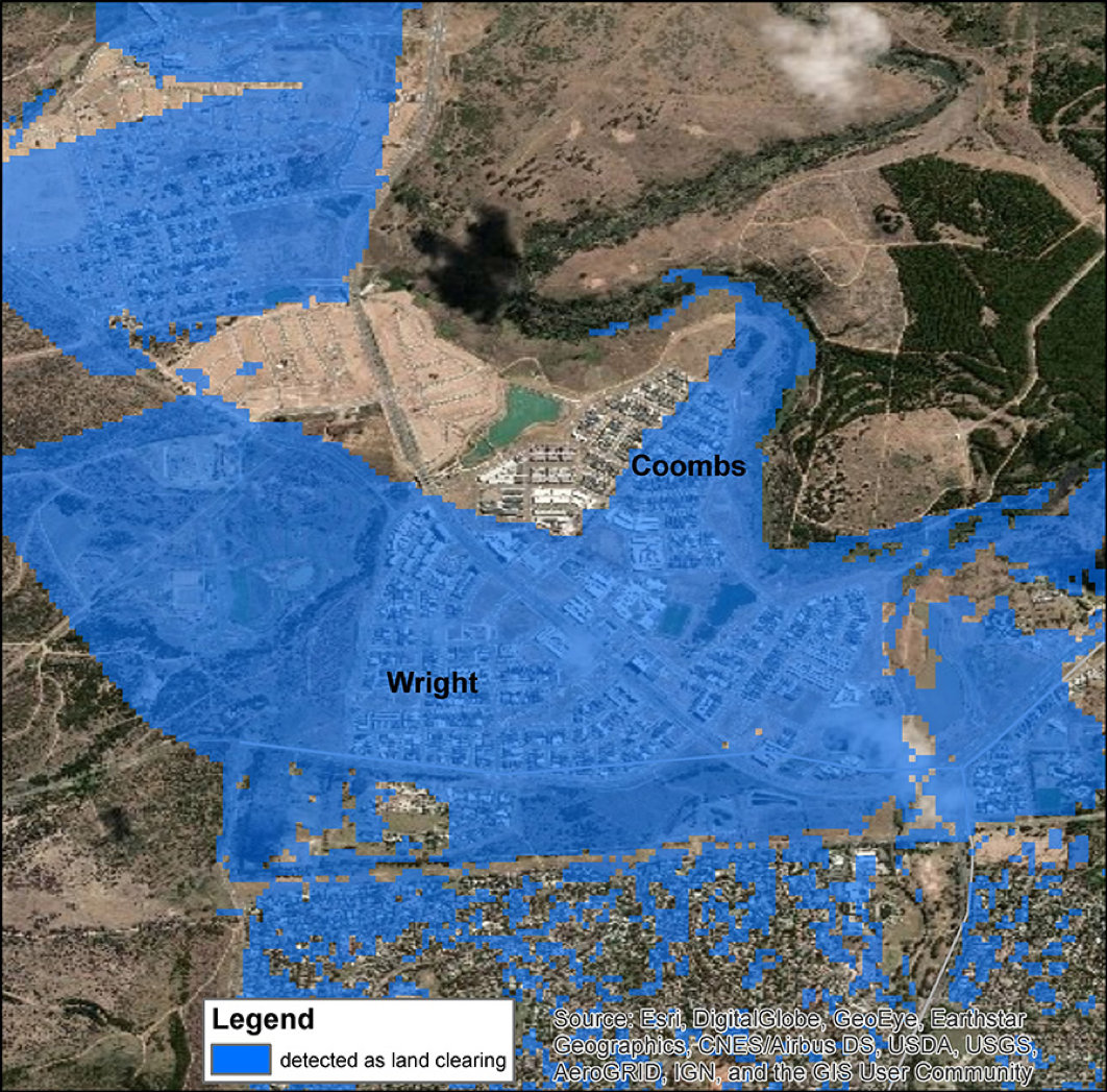 Inset C zooms in further on the suburbs of Coombs and Wright. The area of identified land clearing is overlaid, showing that these suburbs were constructed on lands that were previously covered by forest burned in the 2003 Canberra bushfires.