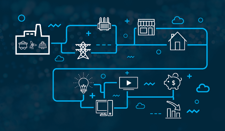Designed graphic showing buildings and items connected to the electricity grid