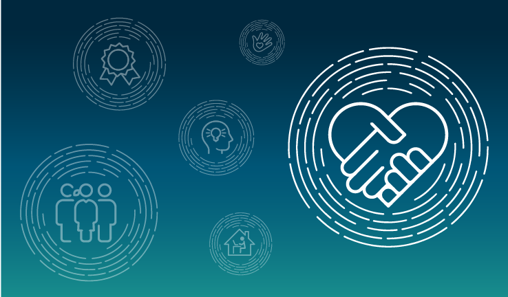 Decorative image from our Inclusion Strategy Decorative illustration showing elements of our Inclusion Strategy. The main one shows two hands holding in the shape of a heart surrounded by concentric circles.