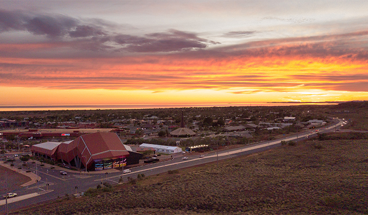 Ariel photo of the Red Earth Arts Precinct venue in Karratha, Western Australia, at sunset. Ariel photo of the Red Earth Arts Precinct venue in Karratha, Western Australia, at sunset.