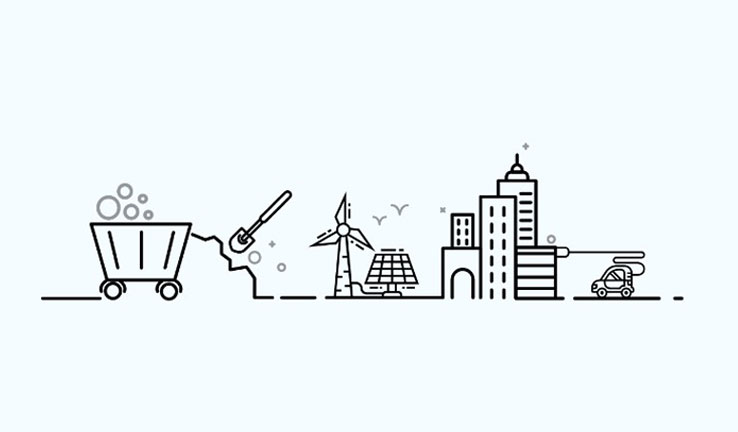 Energy Resource Governance Initiative Toolkit Line drawing depicting mining activity, wind and solar energy, a city and an electric car.