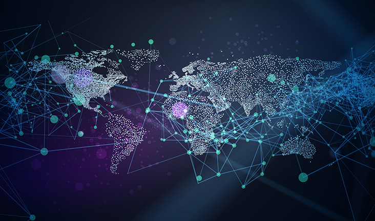 Global connectivity World map with countries defined by pinpricks of lights on a dark background. They are connected in multiple directions with dots and lines of light that are particularly concentrated in the Pacific.