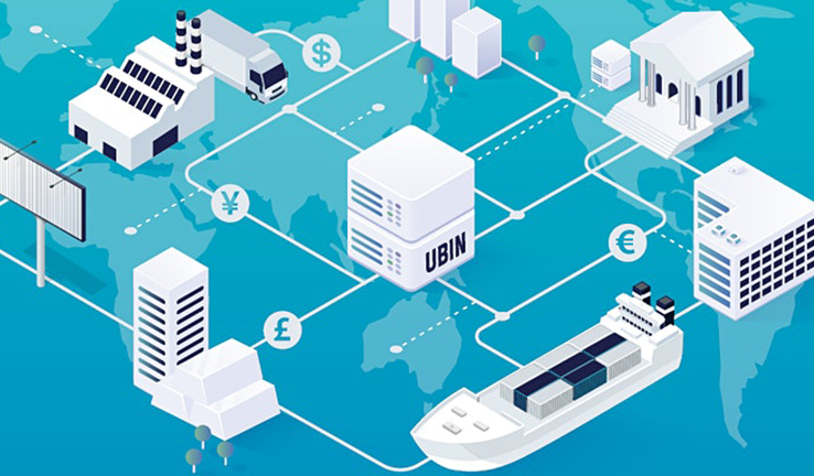 Illustration for the APS blockchain network event March 2021 Illustration of elements in blockchain. At the centre is a block representing Project Urbin