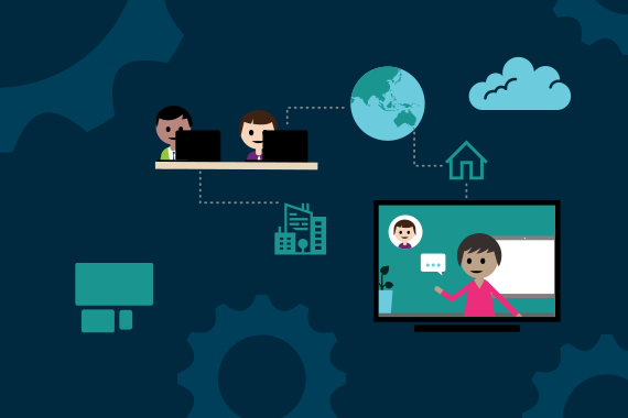 Decorative illustration representing our operational workforce planning project. People working at laptops and presenting virtually from home, with cogs in the background.