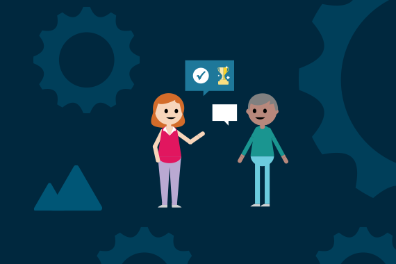 Decorative illustration representing our recruitment reform project. Two people talking with speech bubbles showing acheivements and awards, with cogs in the background
