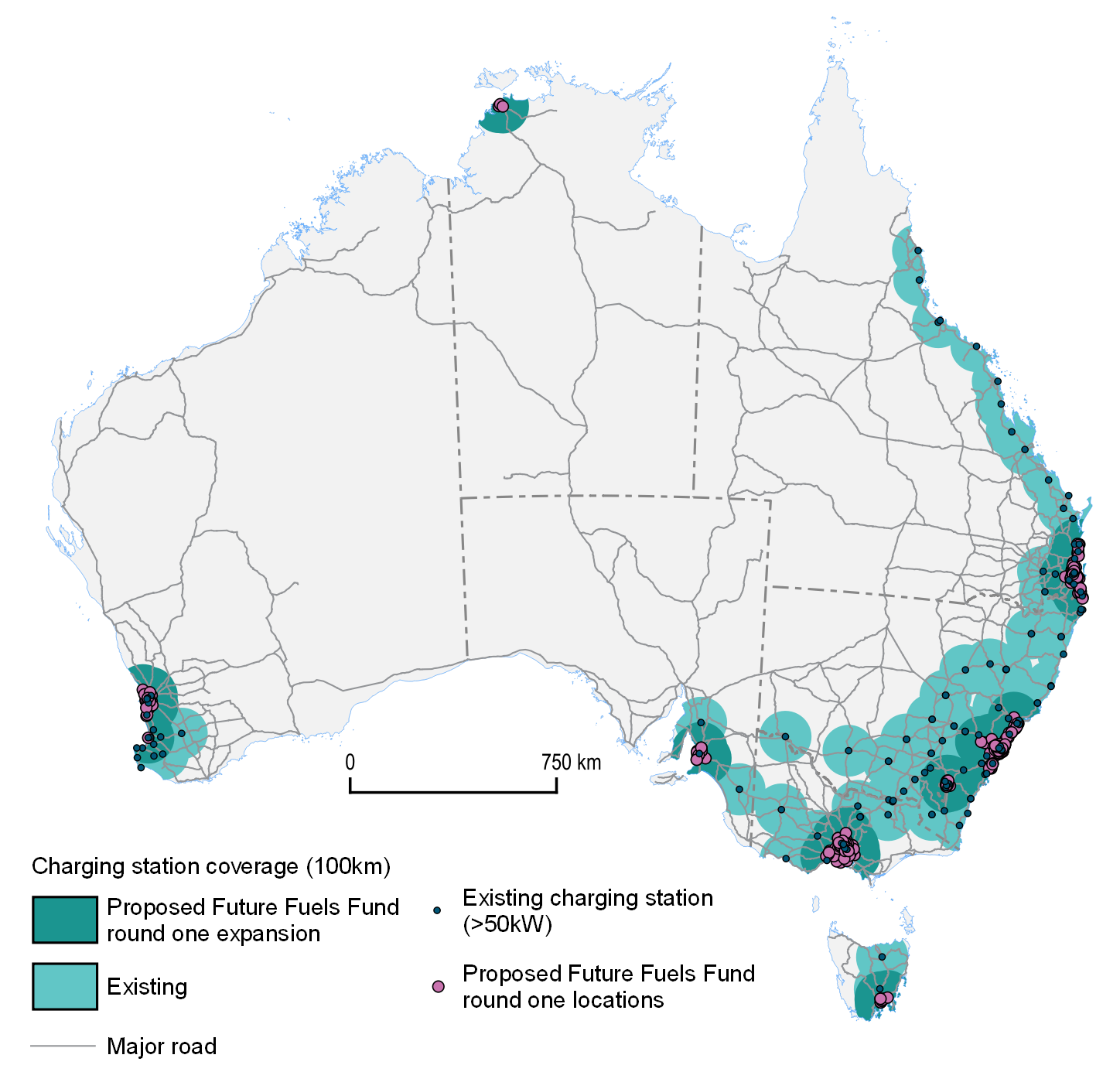 Map of Australia showing existing electric vehicle fast charging station locations and proposed locations for charging stations as part of round 1 of the Future Fuels Fund. Text description follows
