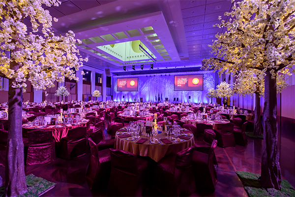 Wide shot of banquet area in the Great Hall.