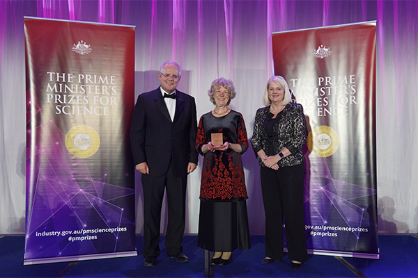 Photo of Emeritus Professor Cheryl Praeger on stage receiving her award.