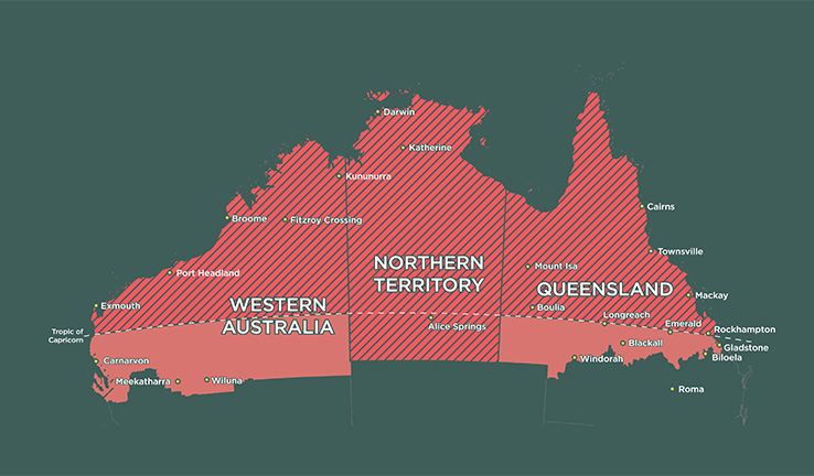 Map of northern Australia across Western Australia, Northern Territory and Queensland