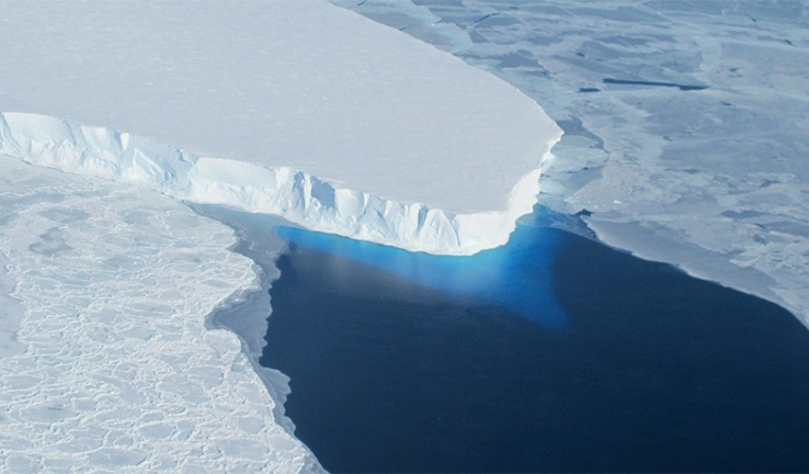 Thwaites Glacier Tongue A protruding piece of glacier – the ‘tongue’ – floats in blue, icy water.