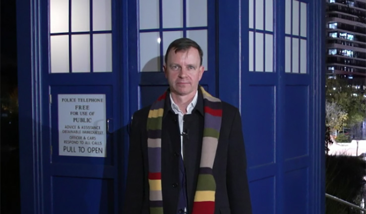 Photo of Dr Bruce Warrington in front of a Tardis post office box provided by the ABC. Photo of Dr Bruce Warrington in front of a Tardis post office box provided by the ABC.
