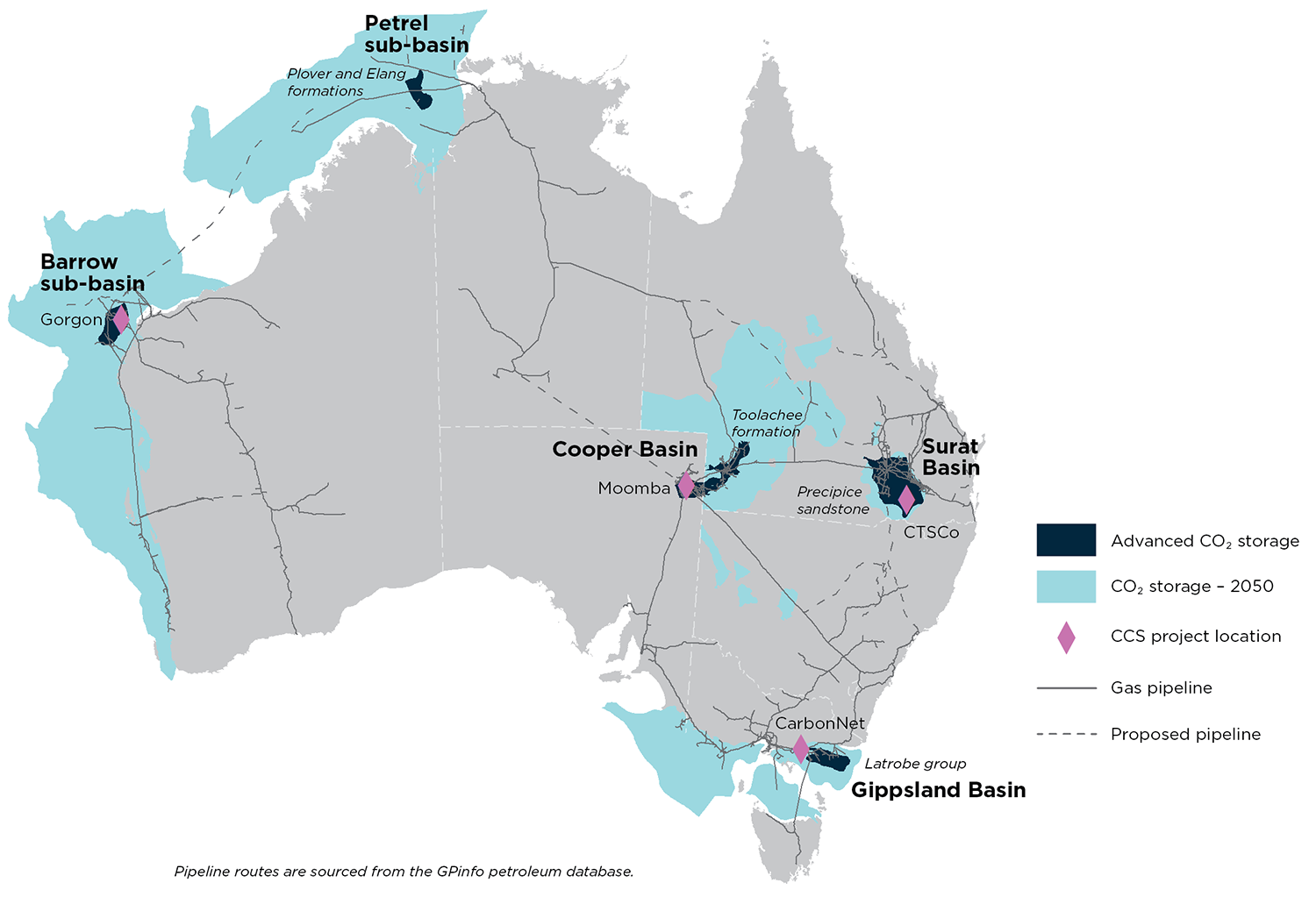 Map of Australia showing prospective CO2 storage sites and nearby CCS projects. Data table provided immediately after image