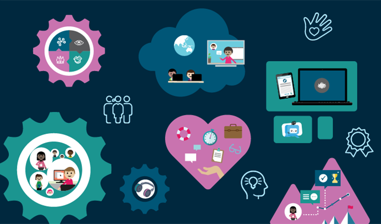 Decorative illustration showing elements of our people plan. Including a pink heart, cogs with people doing different things and working virtually, a mountain representing achievements and rewards.