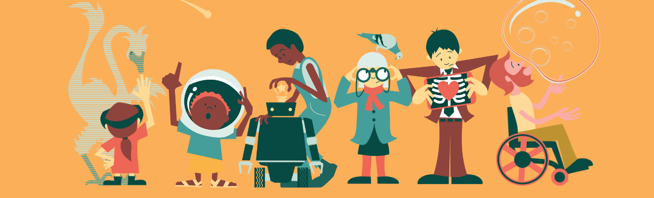 Fun characters from National Science Week. A girl wearing a VR headset reaches up to pat a virtual dinosaur. A boy with a space helmet pointing to a shooting star. And a woman engineer puts together a robot. A girls with binoculars looking for birds. A young man holding a tablet across his chest with an xray of his skeleton and heart. A guy in a wheelchair blowing bubbles.