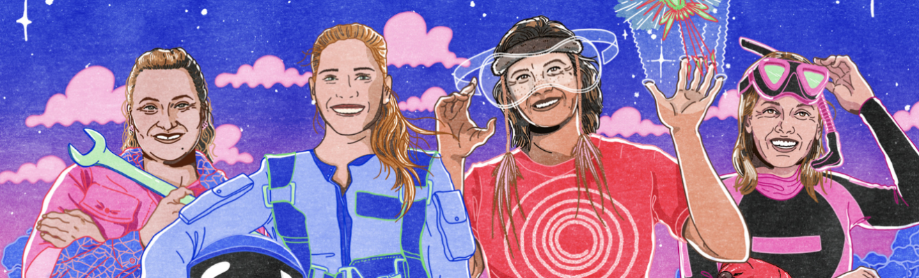 Colourful graphic drawing of 4 women, smiling and holding STEM equipment