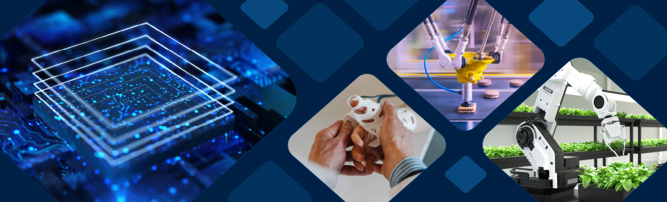 stylised graphic depicting new technologies like advanced food manufacturing and medical science