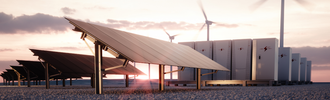 Solar panels, battery storage and wind turbines