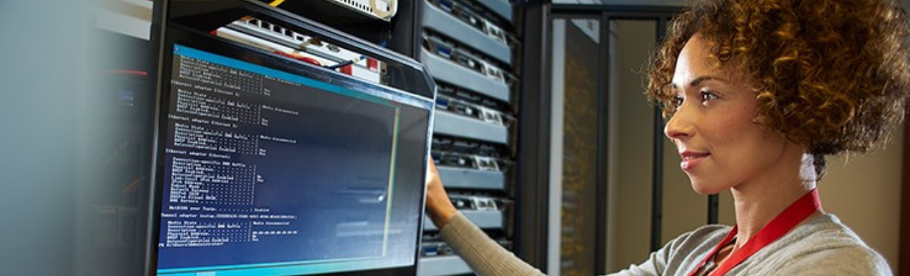 Woman looks at data on computer screen