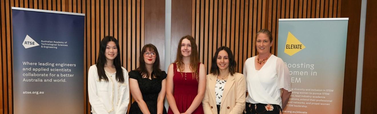Selina (Yingxin) Li, Kiowa Scott‐Hurley, Charlize Liebrand, Veronica Karakousis, Peta Estens are among the 50 scholarship recipients of the Elevate: Boosting Women in STEM program. 