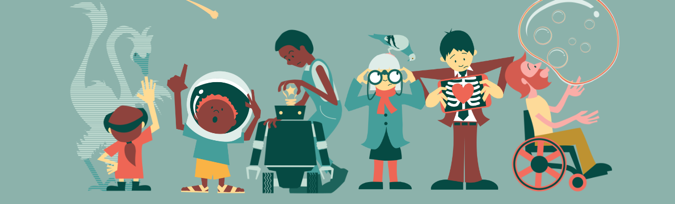 Decorative banner of cartoon people conducting science experiments.