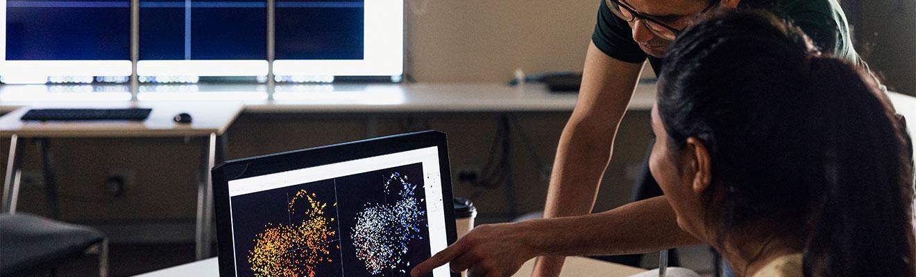 Photo shows a person pointing at a laptop screen showing complex diagrams. His colleague is watching hm explain the model.